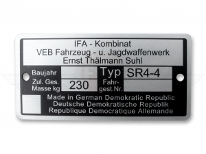 Typenschild bis 230 kg (Aluminium) passend f&uuml;r SR4-4 ***