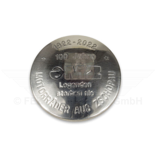Tankdeckel &Oslash;60mm "100 Jahre MZ" 1922-2022 Alu poliert MZ RT125, BK350, ES, ETS, TS, ETZ (deutsche Produktion) *
