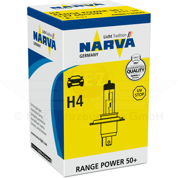 Halogenlampe - Scheinwerferlampe 12V 60/55W P43t-38 (H4) Range Power 50+ (C1 Handelsverpackung) MZ ETZ125, ETZ150, ETZ250, ETZ251, ETZ301 (NARVA)